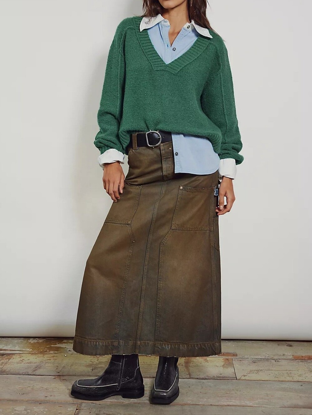 NWOT Free People Harmonica Coated Denim Maxi Skirt